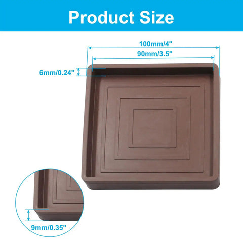 Dimensions of 4 Pack 3.5 Inch Brown Rubber Square Furniture Coasters, Non Slip Caster Cups For Hardwood Floors, Leg Protectors And Floor Pads.