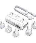 Travel Voltage Converter 220V To 110V With 4 USB Ports, 5 universal adapters, and power cable shown on white background.