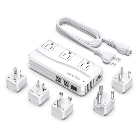 Travel Voltage Converter 220V To 110V With 4 USB Ports, 5 universal adapters, and power cable shown on white background.