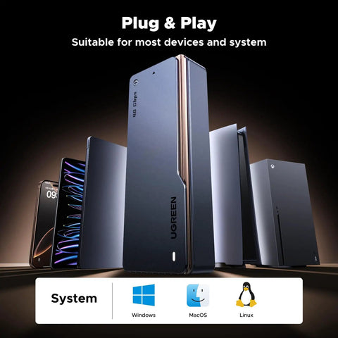 Top Shelf M2 Nvme Ssd Enclosure Harnessing 40Gbps Dual Chip Brains And Brushed Aluminum Frame on display with devices.