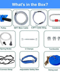 Components of 120 Foot Zip Line Kit For Kids And Adults including pulley, cables, carabiner, spring brake, and swing seat.
