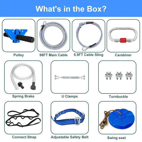 Components of 120 Foot Zip Line Kit For Kids And Adults including pulley, cables, carabiner, spring brake, and swing seat.