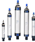 Front view of five MAL25 aluminum pneumatic cylinders with blue end caps; 25 mm bore, compact actuators.