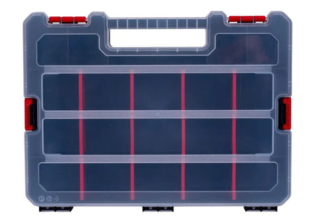Front view of 2-Pack Stackable Small Parts Organizer Boxes With 20 Compartments And 12 Removable Dividers Per Box for storage