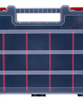 Front view of a transparent large organizer box from 7 Pack Organizer Set With Removable Dividers And Multi Size Storage Boxes