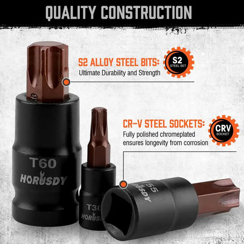 Pro Grade Torx Bit Socket Set With 14 Star Bits T8 To T70 And 12 ETorx Sockets E4 To E24 Plus 4 Heavy Duty Impact Adapters High Torque Laser Marked For Auto Mechanic Work, showing S2 alloy and CR-V steel bits with durability labels.