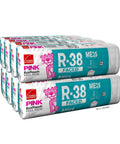 Heavy Duty R-38 Kraft Faced Fiberglass Batts Insulation For Attic Cavities Fits Standard 2X12 Framing stacked in a bulk pack.