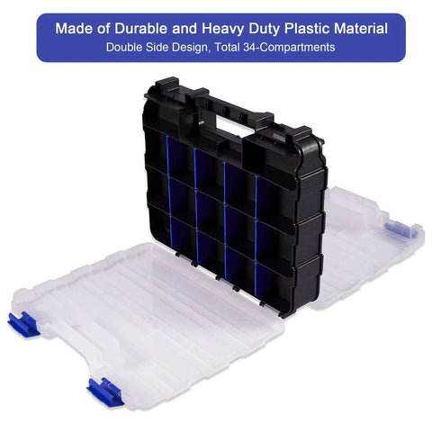 Double Side 34 Compartment Small Parts Organizer Box With Removable Dividers for screws nuts bolts nails hardware tools heavy duty storage case