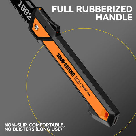 Close-up of Folding Pruning Saw With 7 Inch SK5 Steel Blade Triple Ground 7TPI Teeth 3 Angle Lock Non Slip Handle Portable Hand Saw