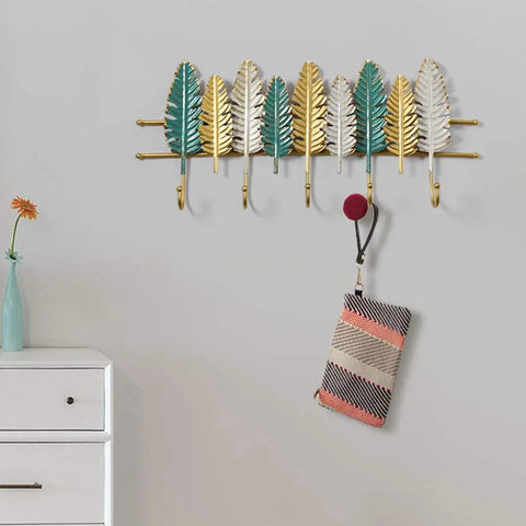 Heavy Duty Wall Mounted Coat Rack For Entryway And Office Straight Up Sturdy Iron Build with leaf design, colorful hooks, 27.7 inch.