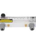 Lzm 15T Liquid Flow Meter Panel Mount With Clear Acrylic Body For Precise Gpm Water Coolant Monitoring Adjustable Flow Rate Zg 1/4 Inch Female Bspt Thread viewed from the side with fittings and scale.