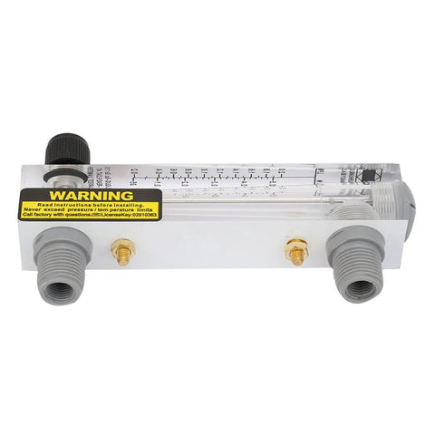 Lzm 15T Liquid Flow Meter Panel Mount With Clear Acrylic Body For Precise Gpm Water Coolant Monitoring Adjustable Flow Rate Zg 1/4 Inch Female Bspt Thread viewed from the side with fittings and scale.