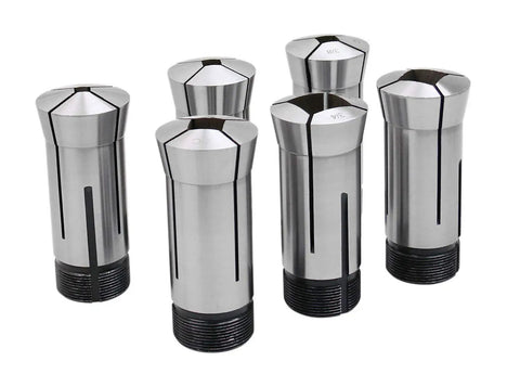 Six Piece Square Collets Set For Milling And CNC Lathe Machining Sizes 0.25 in, 0.3125 in, 0.375 in, 0.5 in, 0.625 in, 0.75 in Hardened Spring Steel Precision Ground 0.0005 in TIR, four collets visible