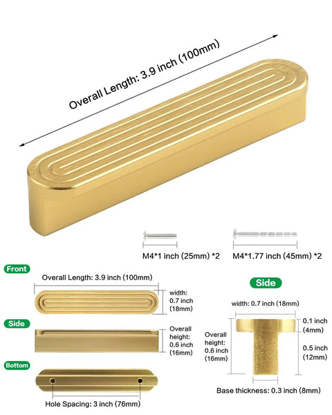 Diagram of Five Pack Gold Cabinet Pulls With 3 Inch Hole Center Brushed Brass Finish Flat Modern Drawer Dresser Handles, dimensions shown