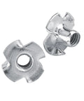 Close-up of Zinc Plated Carbon Steel T Nuts Four Prong For Wood Furniture, M6 Size, showing rust-resistant finish and threaded socket.