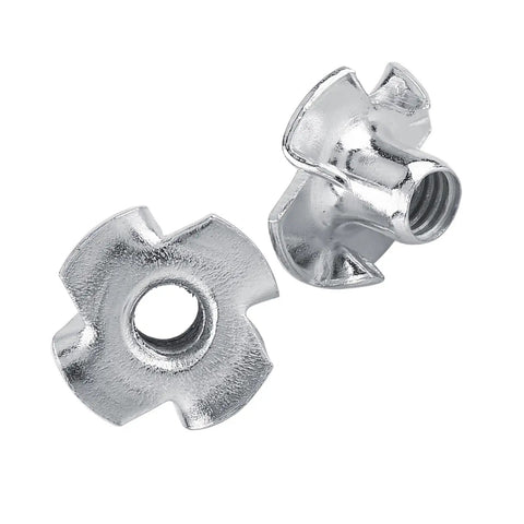 Close-up of Zinc Plated Carbon Steel T Nuts Four Prong For Wood Furniture, M6 Size, showing rust-resistant finish and threaded socket.
