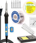 60W Adjustable Temperature Soldering Iron Kit With Quick Heat Up Ceramic Heater, On Off Switch, Solder Wire, Flux, Tips, Stand, Sponge