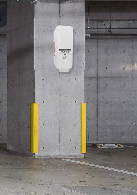 White Surface Mount Fire Extinguisher Cabinet With Clear Pull Cover For Two And A Half Or Five Pound Unit Lock Box on concrete wall.