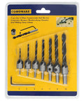 Front view of COMOWARE 7-piece HSS countersink drill bit set with hex key in yellow blister pack for woodworking