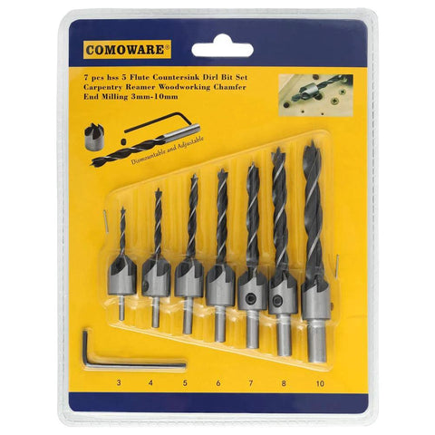 Front view of COMOWARE 7-piece HSS countersink drill bit set with hex key in yellow blister pack for woodworking