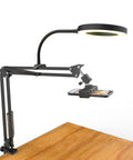 Overhead USB Ring Light Camera Mount With Flexible Arm Stand, 6 Inch Dimmable Ring Light, attached to wood desk, for iPhone