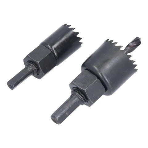 Top Tier 16 Piece Hole Saw Kit For Clean Woodworking With Tough Carbon Steel Teeth Making Fast Symmetrical Cuts Through Drywall And Plastic Boards Without Any Hassle Or Effort In Your Shop. two black carbon steel hole saws with hex shanks