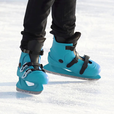Person skating with blue inline skates using 2 Pack Inline Skate Strap Replacement Kit With Screws And Nuts For Universal Buckles On Inline And Quad Skates Quick Swap Easy Install For Men Women Boys And Girls on ice