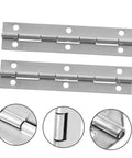 Front view: two stainless steel continuous piano hinge bars with mounting holes for cabinet doors
