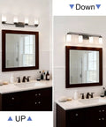 Four Light Dark Bronze Vanity Light With Dual Glass Shades, Hardwired Bathroom Wall Mount shown in up and down mount positions.