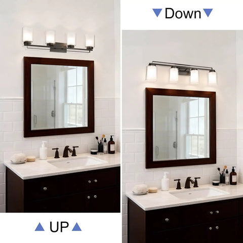 Four Light Dark Bronze Vanity Light With Dual Glass Shades, Hardwired Bathroom Wall Mount shown in up and down mount positions.