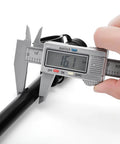 Digital caliper measuring the diameter of the Five Eighth Inch Trailer Hitch Lock With Extra Long Four And A Half Inch Span For Three Inch Receivers Plus Two And A Half Inch And Two Inch Adapters Anti Rattle O Rings Locking Hitch Pin To Keep Your Trailer Truck Or Car Safe