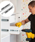 Person installing full extension drawer slides for cabinets and furniture with telescopic rails, easy tool-free install, detachable quick-release latches, and fully extendable design for maximum access and storage space in desks, cabinets, or tables.