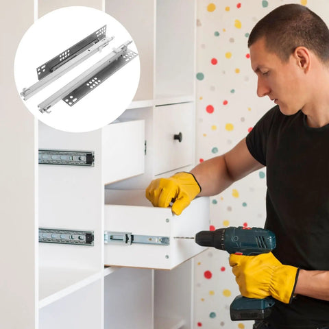 Person installing full extension drawer slides for cabinets and furniture with telescopic rails, easy tool-free install, detachable quick-release latches, and fully extendable design for maximum access and storage space in desks, cabinets, or tables.