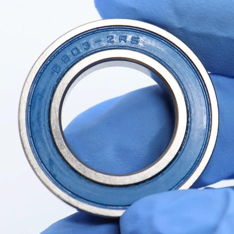 Closeup of 6903-2RS bearing, blue shield, Ten Pack 6903 RS Ball Bearings 17x30x7mm ABEC-3 Shielded 2RS for RC Cars and Trucks Hobby