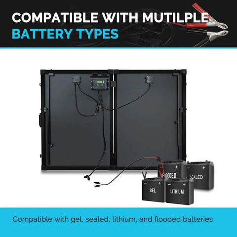 Back view of 200W Portable Solar Panel Kit with Waterproof 20A Charge Controller; compatible with multiple battery types.