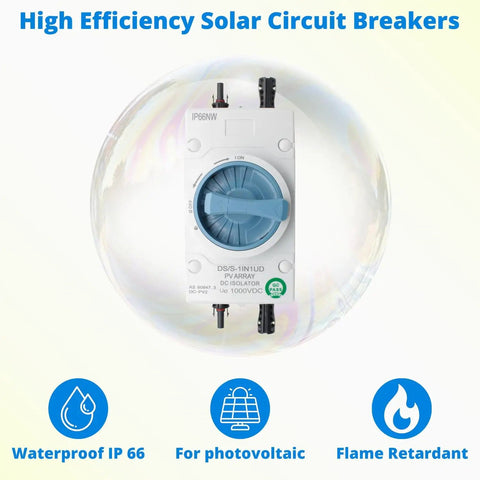 High Voltage Solar DC Disconnect Switch 2-In-2-Out 1000V IP66 Isolator, Beefy 32A, shown in circle illustration