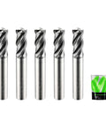 Five SHAPPRO 1/4 in shank carbide square-end mills, 4-flute CNC end mills for alloy and stainless steel, cast iron; Amazon.