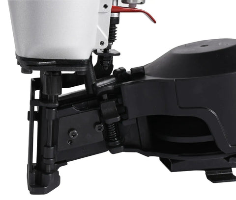 Close-up of Pro Grade Aluminum Body 15 Degree Coil Roofing Nailer Kit, showing Quick Load Door and Dry Fire Lock mechanisms.
