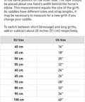 Girth measurement guide with diagram and sizing chart, Harleigh Sheepskin Dressage Girth Black 20 Inch Contoured Design With Stainless Steel Buckles
