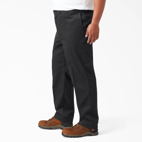 Heavy Duty Mens Straight Leg Work Pants Crafted From Tough Poly Cotton Blend Features Wrinkle Resistant Black Uniform Trousers Built Different For The Daily Grind And Size 29W By 30L shown in side view.