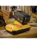 Fan Cooled Rapid Battery Charger For 20V MAX And FLEXVOLT 20V And 60V MAX Batteries shown on workbench with tools
