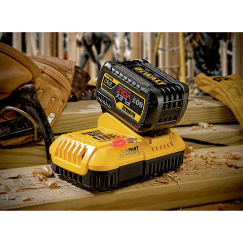 Fan Cooled Rapid Battery Charger For 20V MAX And FLEXVOLT 20V And 60V MAX Batteries shown on workbench with tools