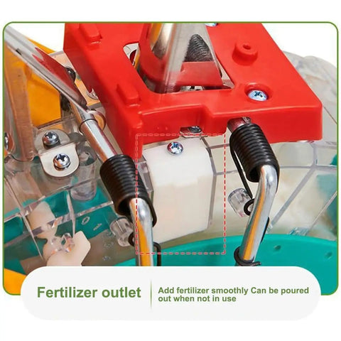 Close-up of fertilizer outlet on Walk-Behind Seed Spreader For Lawn And Farm No-Fuss Manual Push Roller Seeder With Dual 5-Hole Sowing.