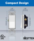 Front and side view of 40 Pack Single Pole Light Switch Decorator Paddle Rocker Interrupter 15A 120 To 277 Volts White UL Listed