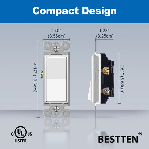 100 Pack Single Pole Decorator Light Switch, Paddle Style On Off Rocker Interrupter, 15A 120/277V, UL Listed, White, Gloss Finish