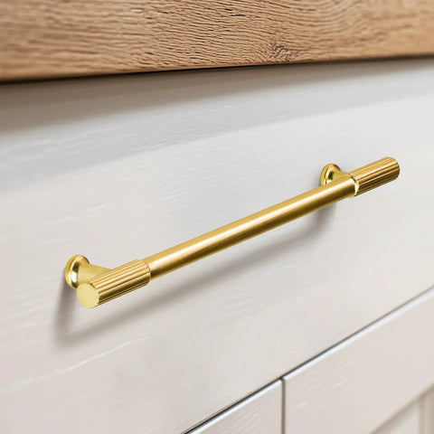 20 Pack Built Tough Brushed Brass Gold Kitchen Cabinet Pulls 5 Inch Heavy Duty Drawer Handles, solid zinc alloy design for modern cabinetry.
