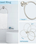 Brushed nickel towel ring from the 10 Piece Brushed Nickel Bathroom Hardware Set with 180° rotation feature, wall mounted.