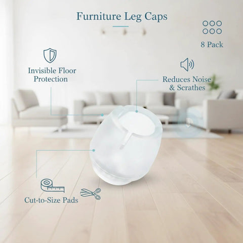 Clear Trim To Fit Furniture Leg Protectors With Adjustable Glides PVC Floor Pads shown on hardwood floor, 8 pack