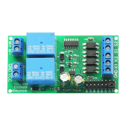 12V 24V DC Motor Controller Relay Board With Forward And Reverse Control Limit Switch Start Stop Push Button And Self Locking Mode For Electric Curtains And Automatic Doors Plus Auto Start On Power On green PCB with dual relays