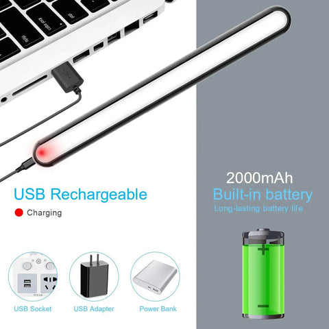 Dimmable Touch And Remote Light Bar With Built In 2000mAh Battery USB charging connected to laptop with power bank options